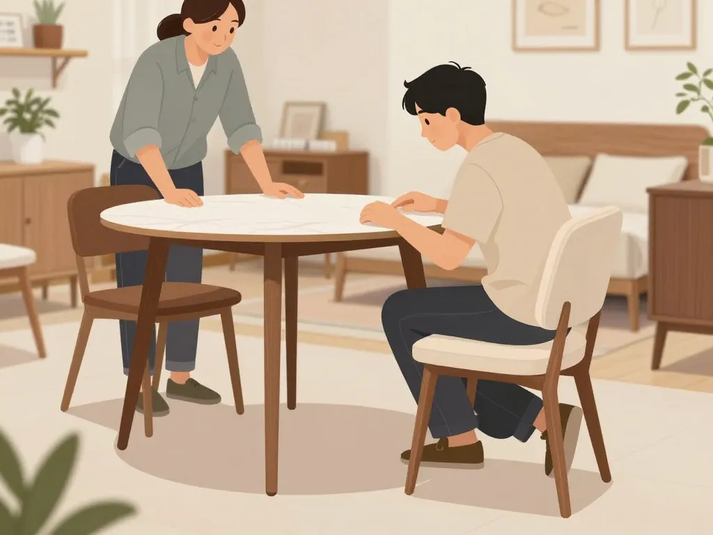 acheteur soigneux dépôt vente Seguin Meubles inspectant mobilier