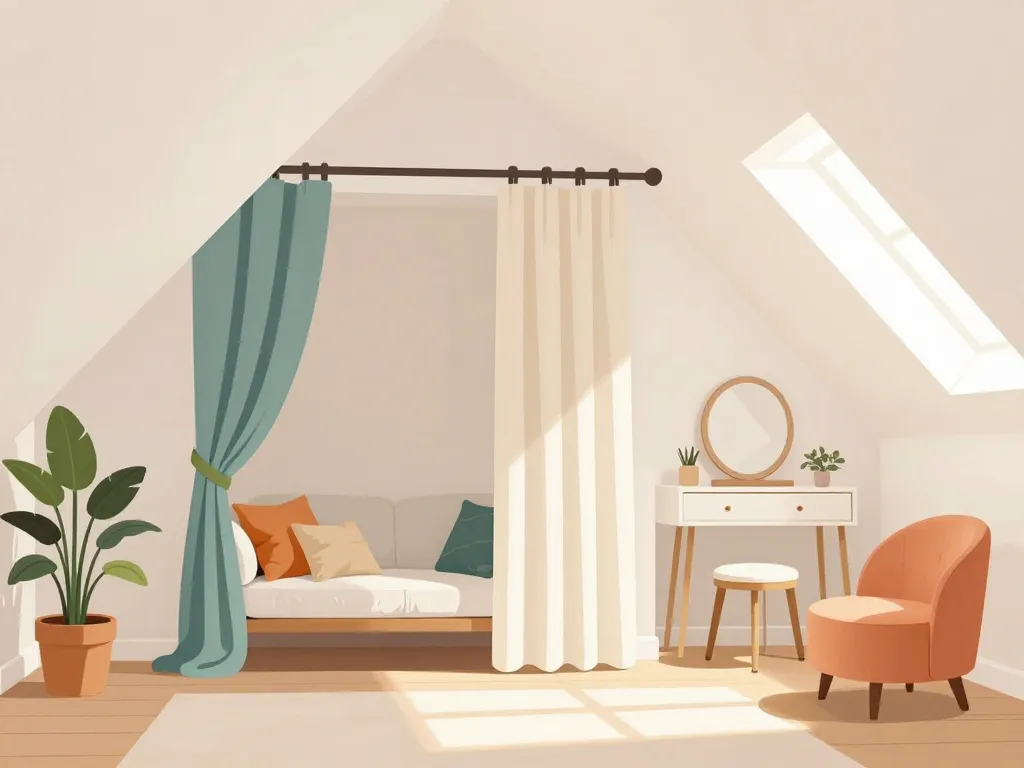 dressing sous pente et coins aménagés avec rideau sous pente