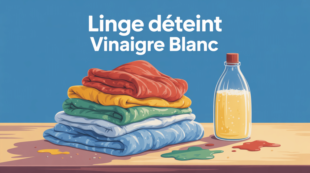 linge déteint vinaigre blanc avis, pile de linge coloré et bouteille de vinaigre