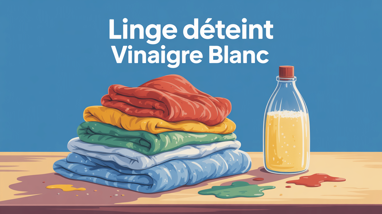 linge déteint vinaigre blanc avis, pile de linge coloré et bouteille de vinaigre