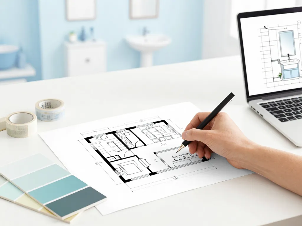 Personne préparant travaux de salle de bain plan organisation