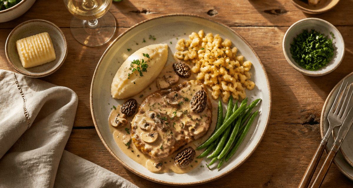 accompagnement escalopes de veau avec purée, spätzles, haricots et sauce crème
