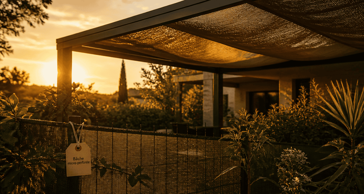 bâche micro perforée pour jardin installée sur pergola et clôture