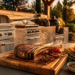 barbecue cuisine extérieure sous pergola avec plan de travail béton