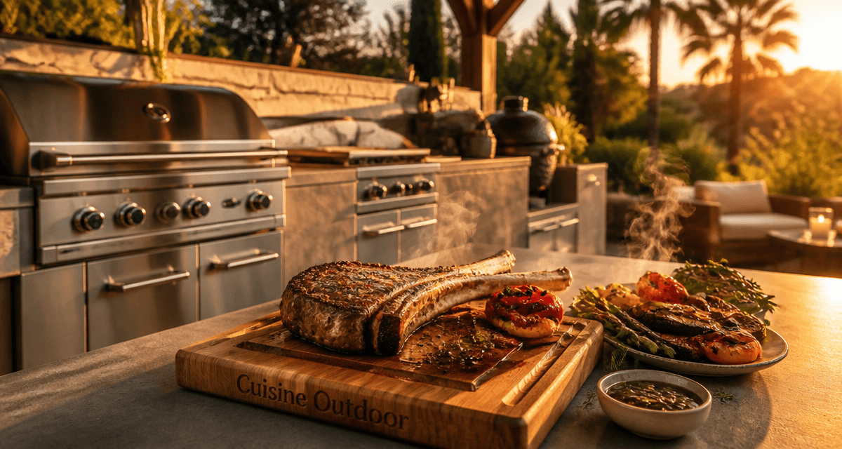 barbecue cuisine extérieure sous pergola avec plan de travail béton