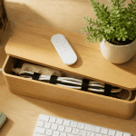 boite pour ranger les cables en bambou sur bureau
