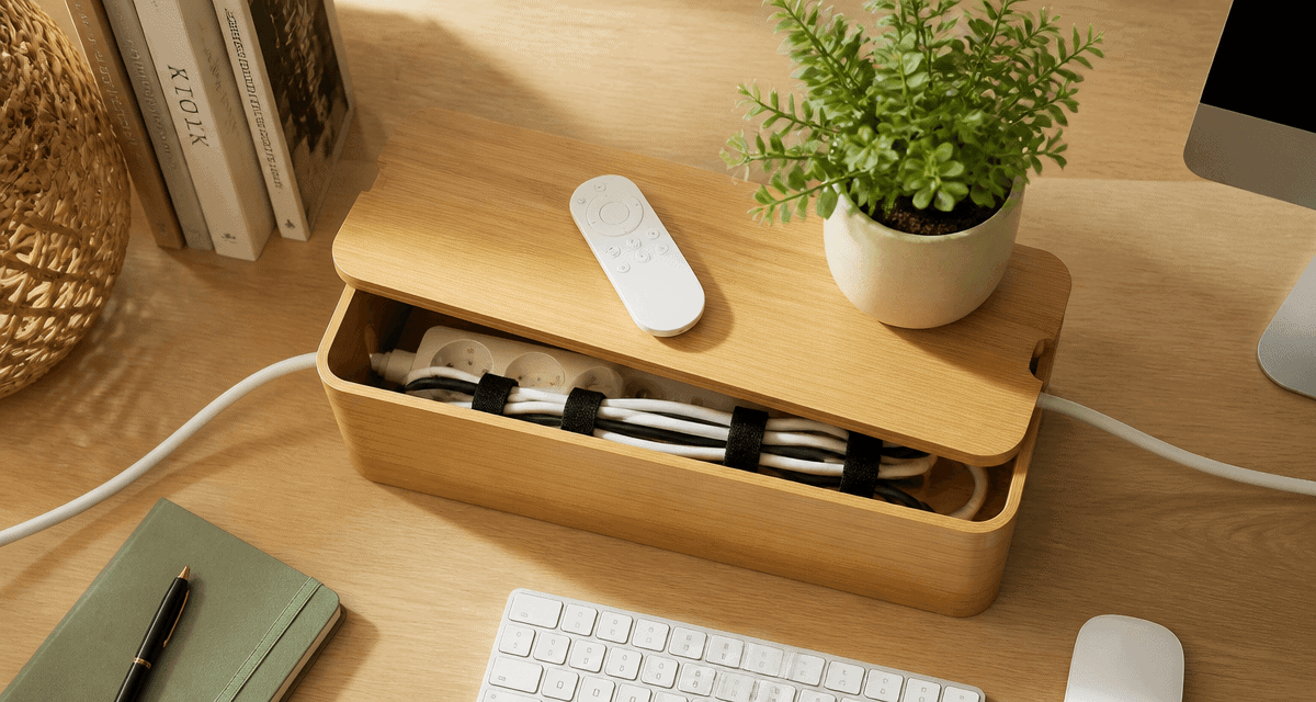 boite pour ranger les cables en bambou sur bureau