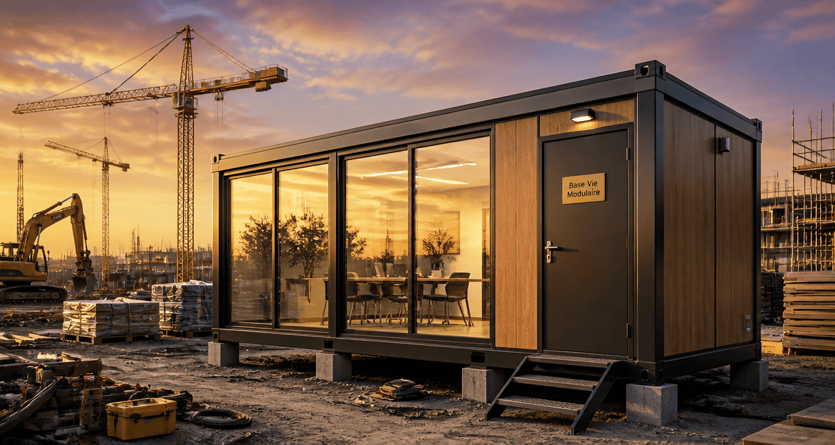 bungalow préfabriqué acier bois grandes baies chantier