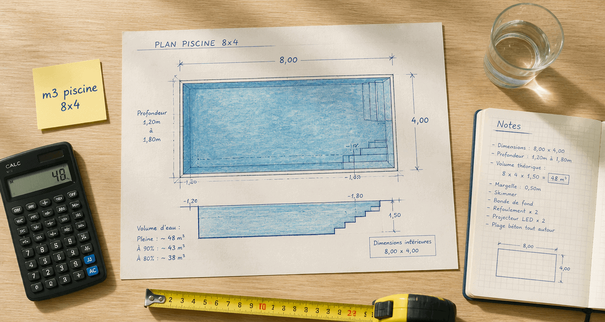 m3 piscine 8x4 calcul sur table avec outils