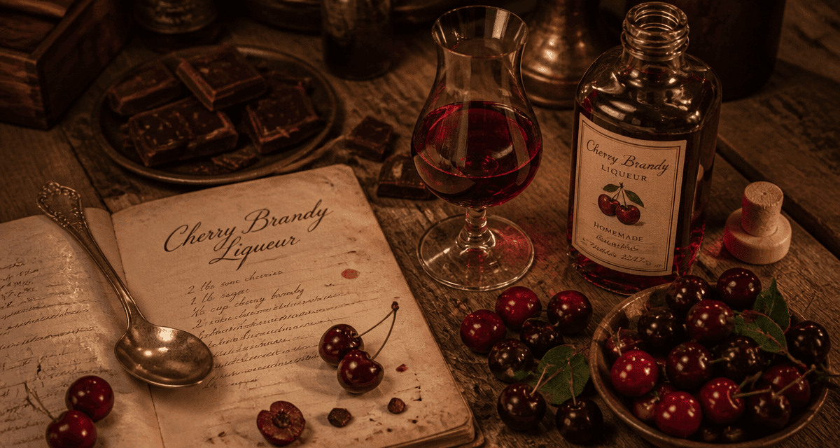 cherry brandy liqueur, cerises fraîches, chocolat, carnet