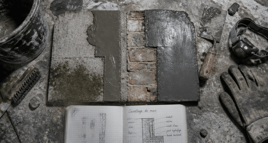 cuvelage mur échantillons béton brique outils