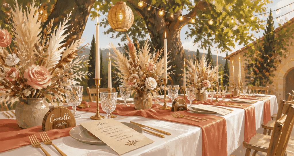 Decos de mariage table champetre terracotta
