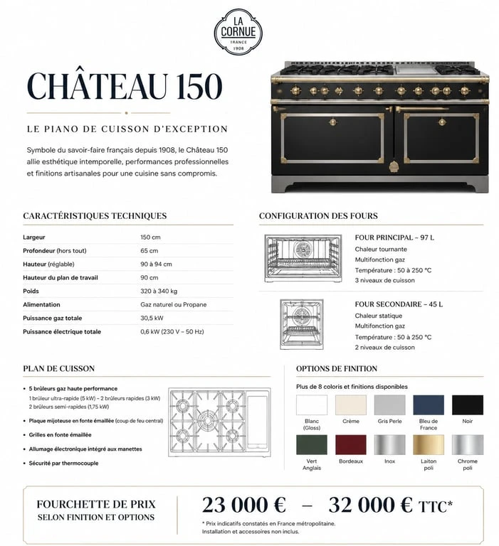 Infographie récapitulative des caractéristiques et prix du piano de cuisson La Cornue Château 150