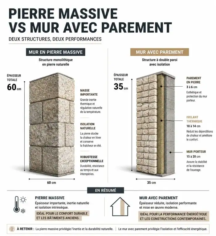 Schéma comparatif : mur en pierre de taille massive vs mur avec parement