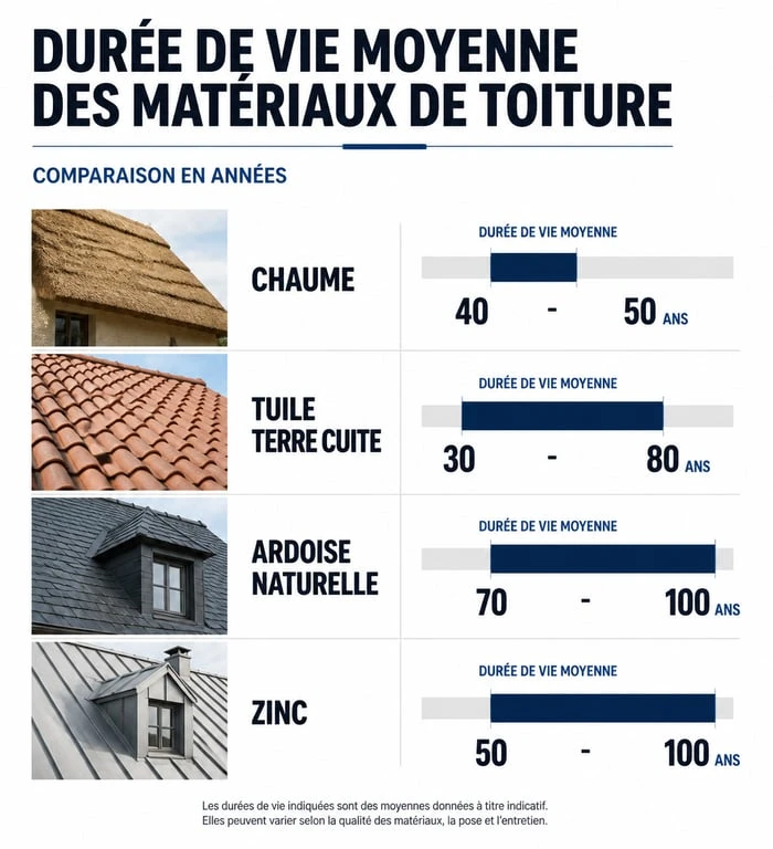 Comparatif de la durée de vie des toitures : chaume, tuile, ardoise et zinc