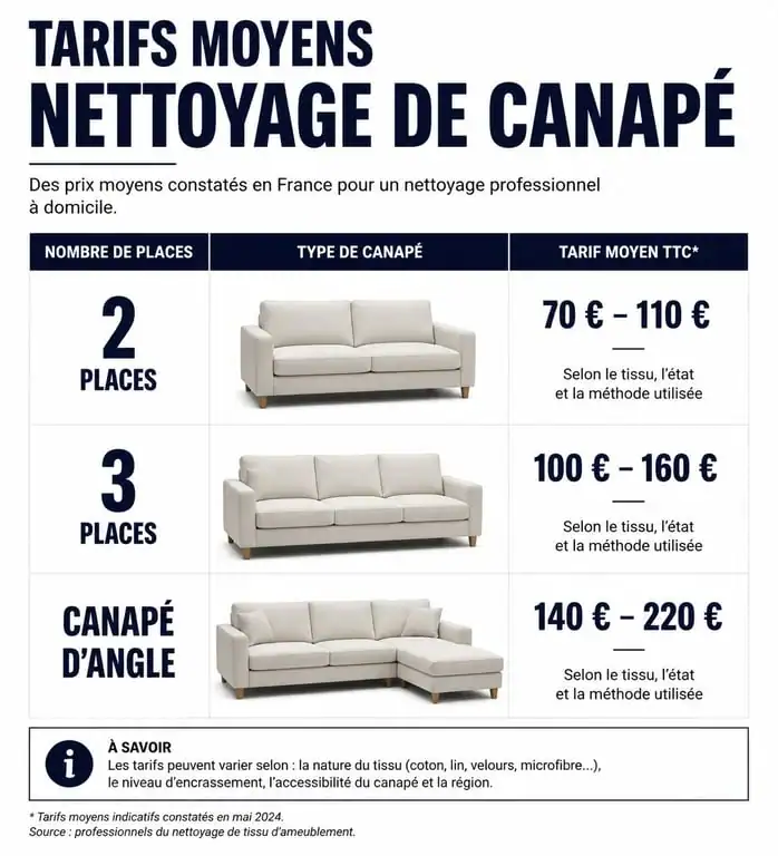 Infographie des tarifs moyens de nettoyage de canapé par type de mobilier