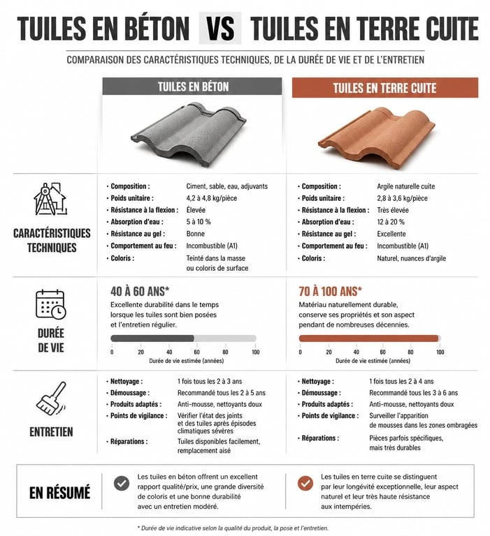 Comparatif durée de vie et entretien tuile béton vs terre cuite