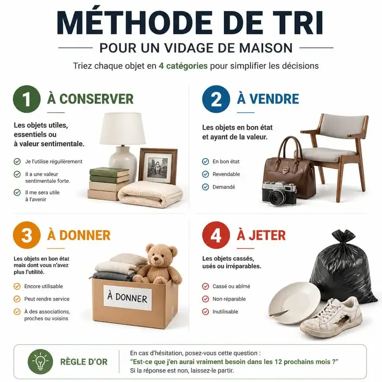 Méthode de tri pour vidage maison : conserver, vendre, donner, jeter