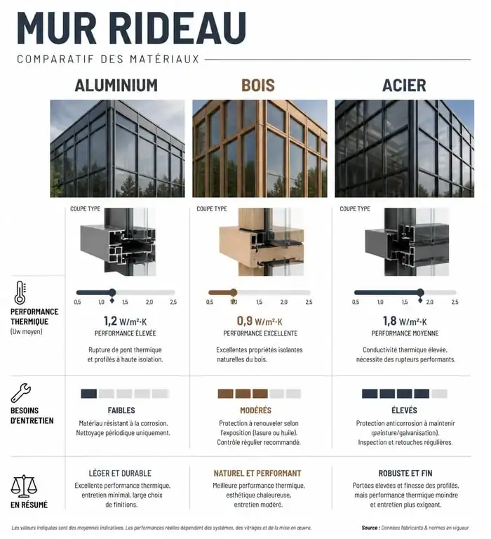 Comparatif des matériaux pour mur rideau de maison individuelle : aluminium, bois et acier.
