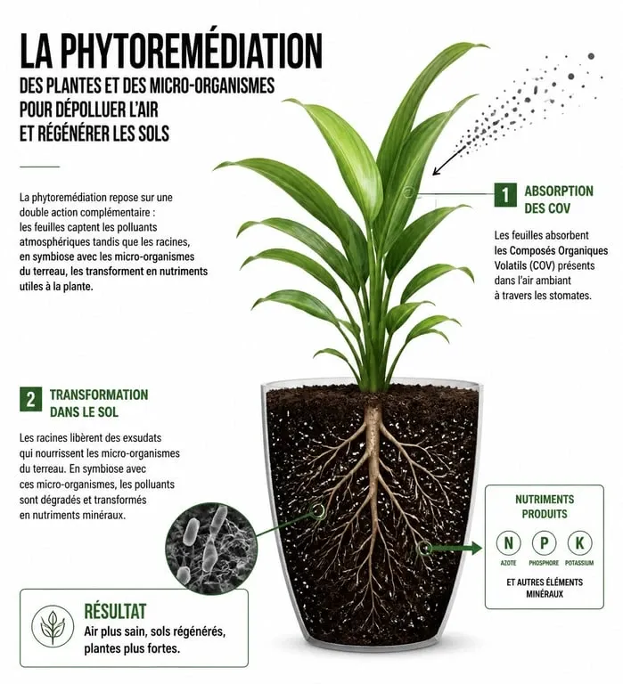 Infographie expliquant le mécanisme des plantes d'intérieur dépolluantes et la phytoremédiation