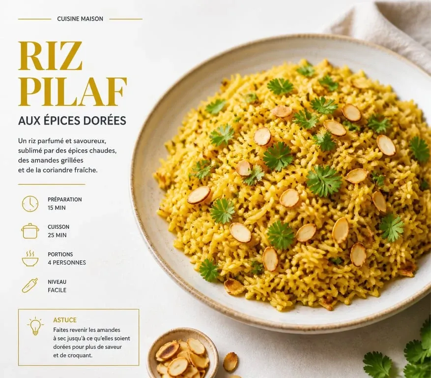 Riz pilaf aux épices et amandes grillées en accompagnement
