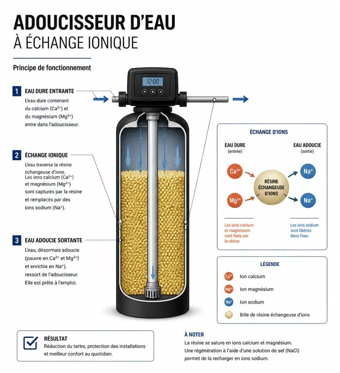 Schéma de fonctionnement d'un adoucisseur d'eau pour adoucir l'eau domestique
