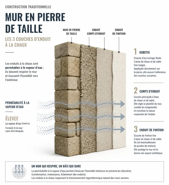 Coupe transversale d'un mur avec enduits à la chaux à Paris
