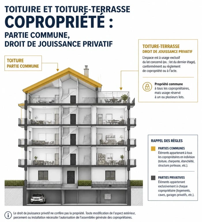 Schéma illustrant la propriété du toit en copropriété : parties communes et usage privatif.