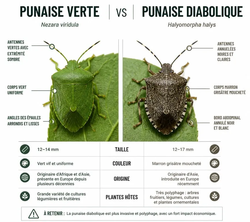 Comparaison visuelle entre la punaise verte et la punaise diabolique pour identifier les punaises de jardin.