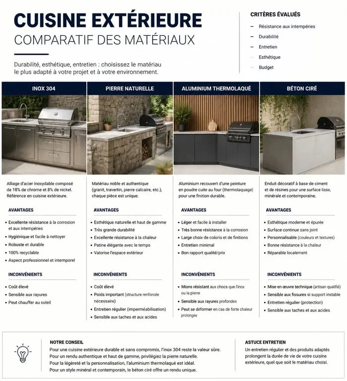 Comparatif des matériaux pour cuisine extérieure : inox, pierre, aluminium et béton