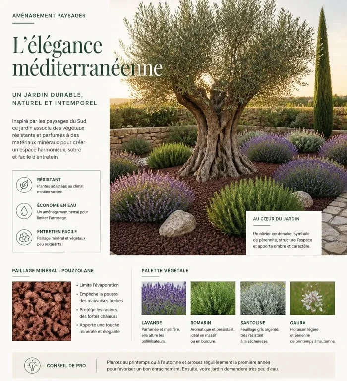 Aménagement paysager d'un olivier dans un jardin méditerranéen avec plantes compagnes