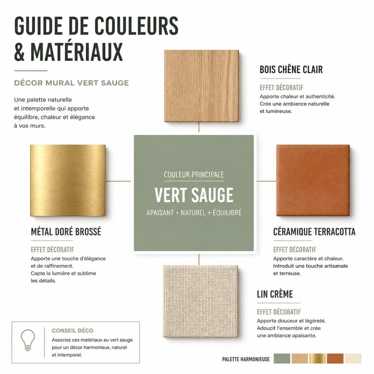 Guide des associations de couleurs et matériaux pour une décoration murale vert sauge