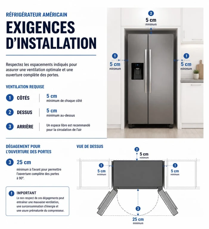 Schéma technique des contraintes d'installation pour un frigo américain dans une cuisine