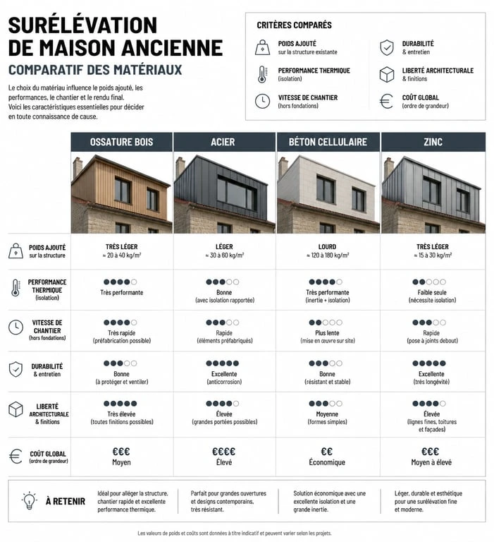 Infographie comparative des matériaux pour la surélévation d'une maison ancienne : bois, acier, béton cellulaire et zinc.