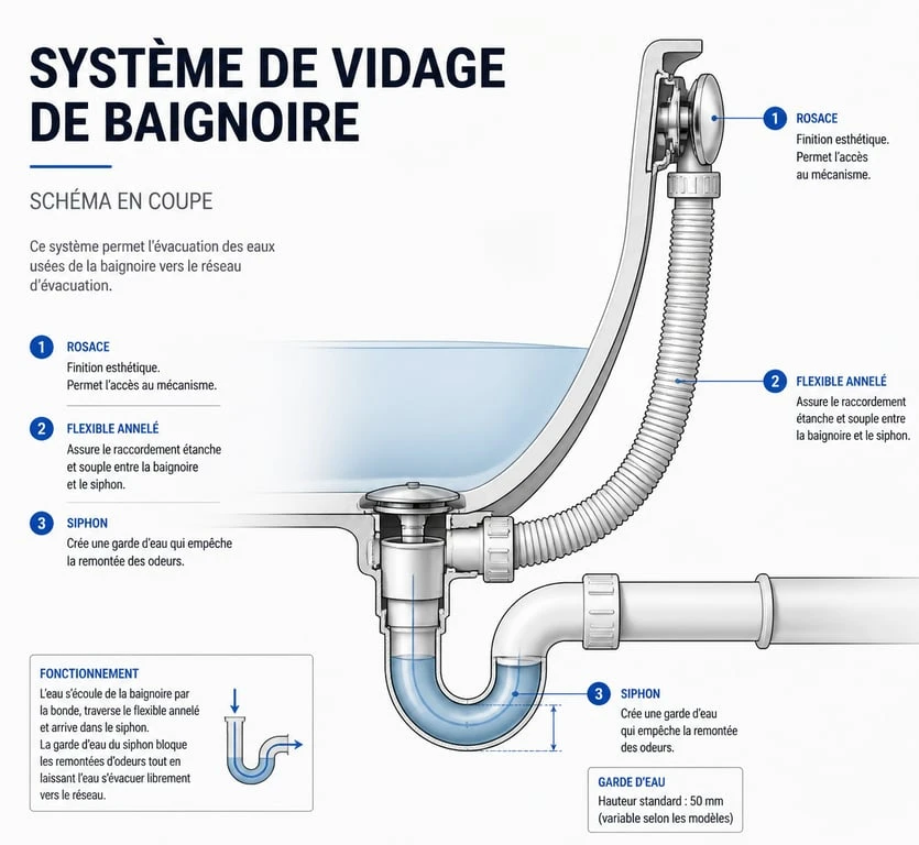 Schéma technique du système de trop-plein de baignoire et de son mécanisme de vidage