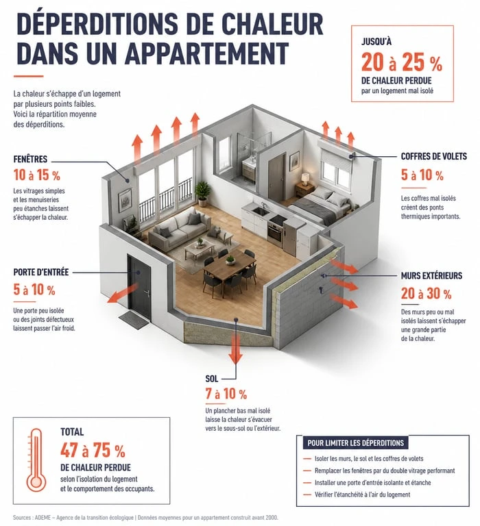 Schéma des points de déperdition thermique dans un appartement mal isolé pour optimiser son chauffage