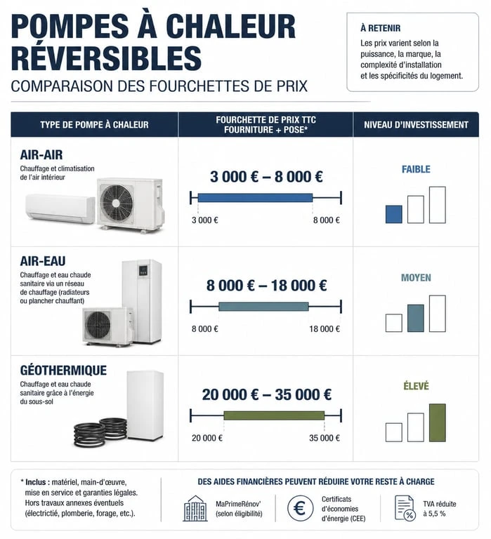 Comparatif des prix des pompes à chaleur réversibles air-air, air-eau et géothermiques