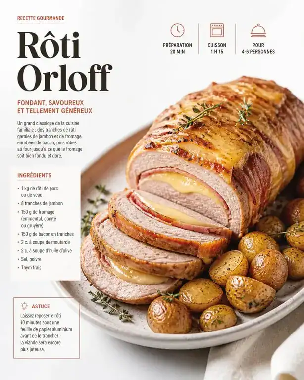 Rôti Orloff tranché accompagné de pommes de terre grenailles et herbes fraîches