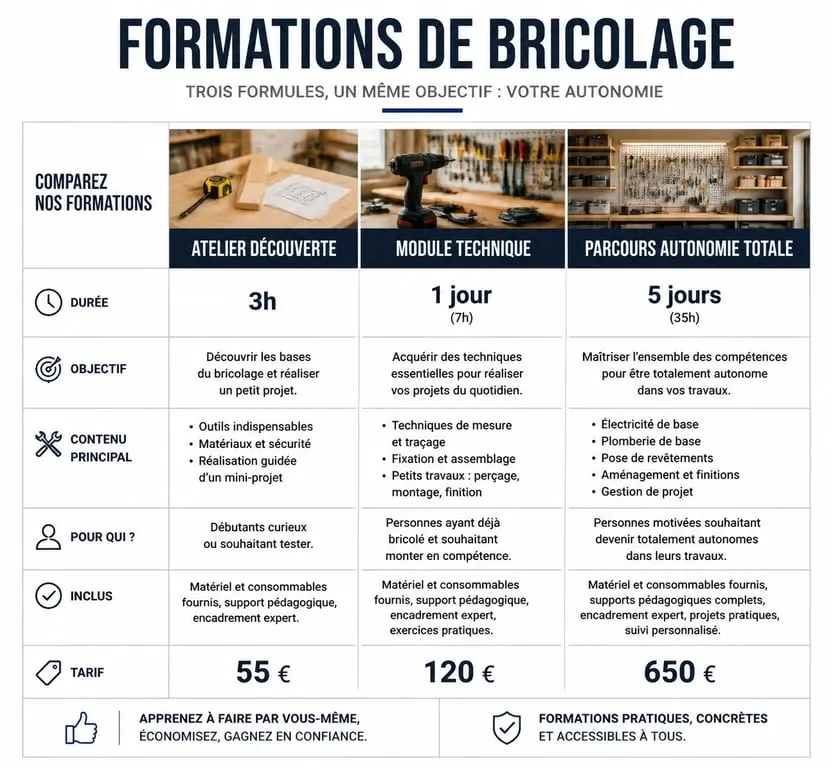 Tableau comparatif des prix et durées des formations de bricolage LeLabDuBricoleur