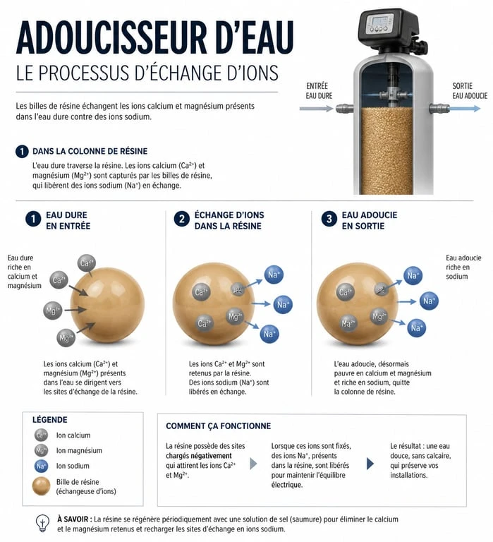 Schéma du fonctionnement de l'échange d'ions dans un adoucisseur d'eau adoucie