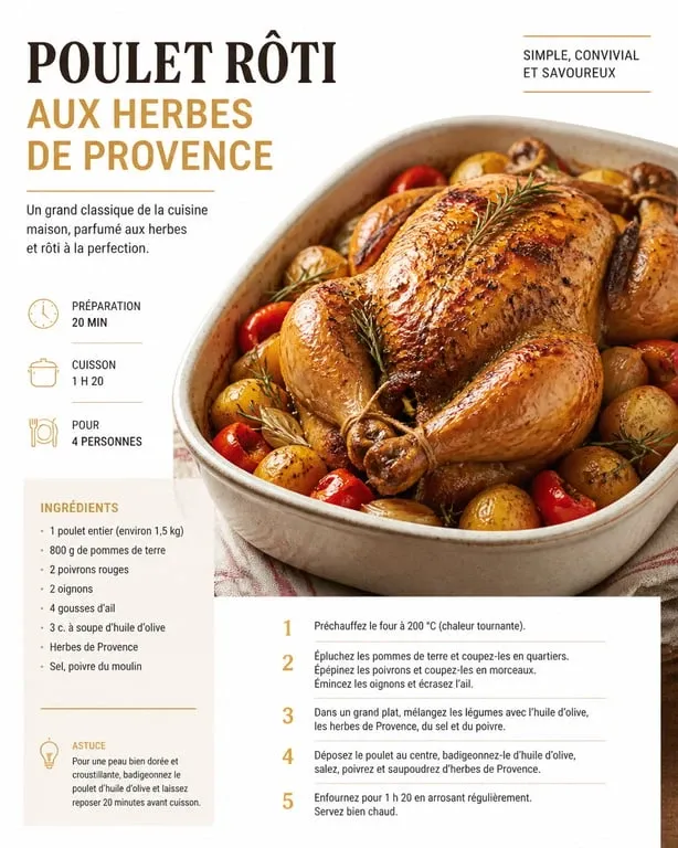 Poulet rôti aux herbes de Provence avec légumes fondants dans un plat au four