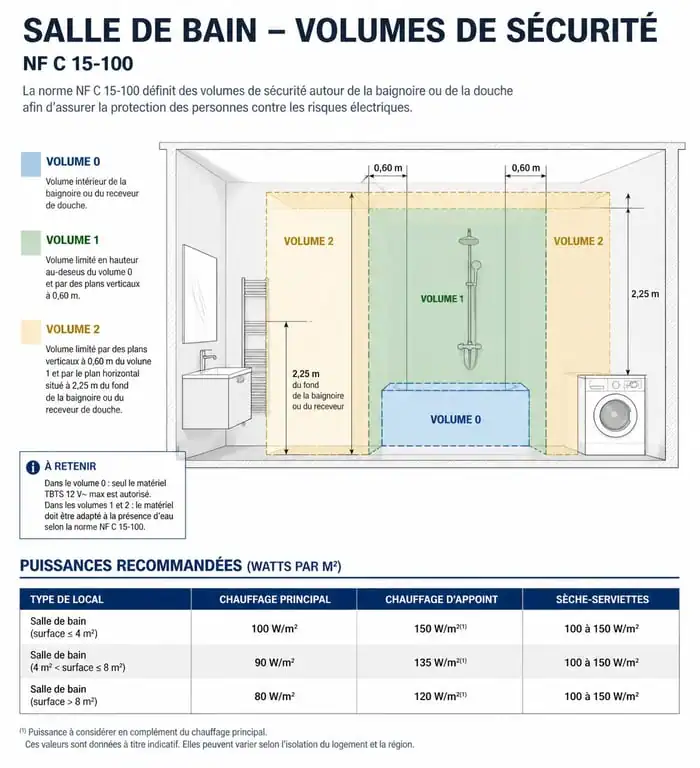 Schéma des volumes de sécurité NF C 15-100 et guide de puissance pour radiateur salle de bain