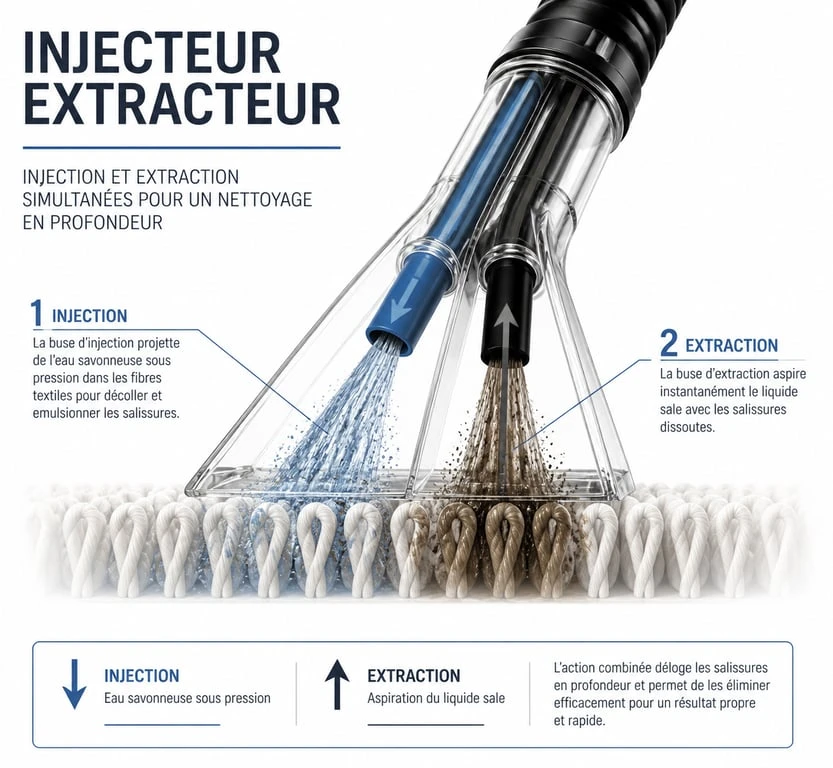 Schéma de fonctionnement d'un injecteur extracteur pour le nettoyage de moquettes et textiles
