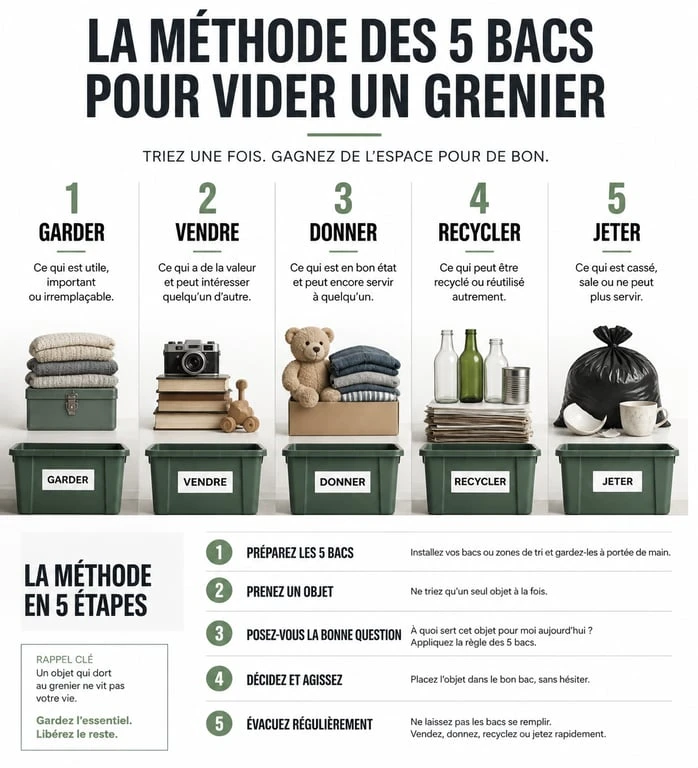 Méthode des 5 bacs pour vider mon grenier efficacement