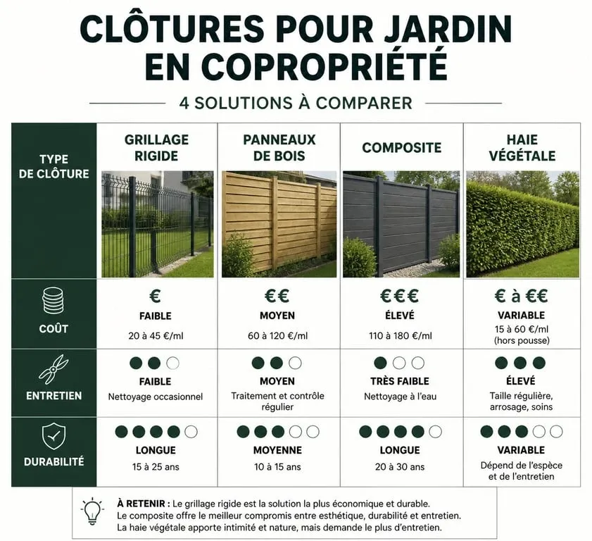 Comparatif des types de clôtures pour jardin en copropriété : matériaux, entretien et durabilité