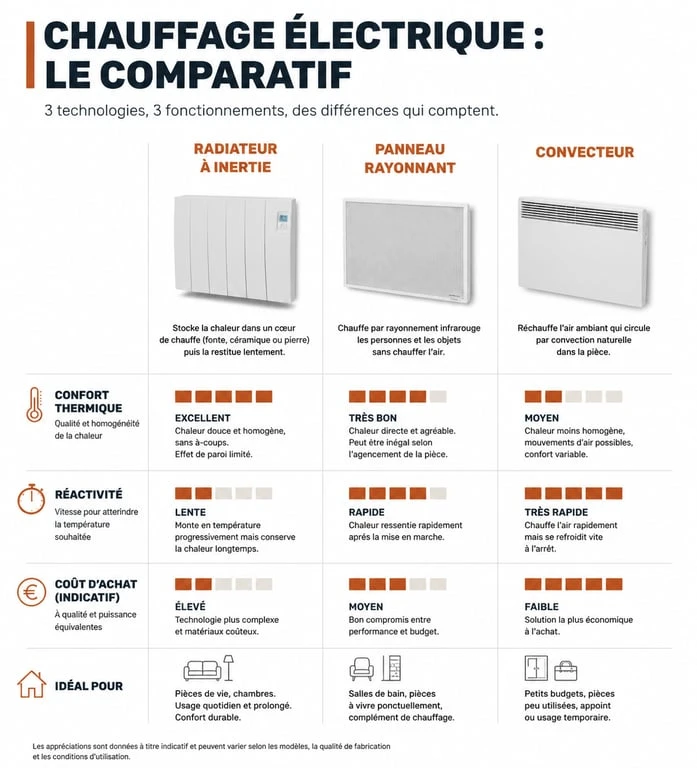 Comparatif des technologies de chauffage individuel électrique : inertie, rayonnant et convecteur