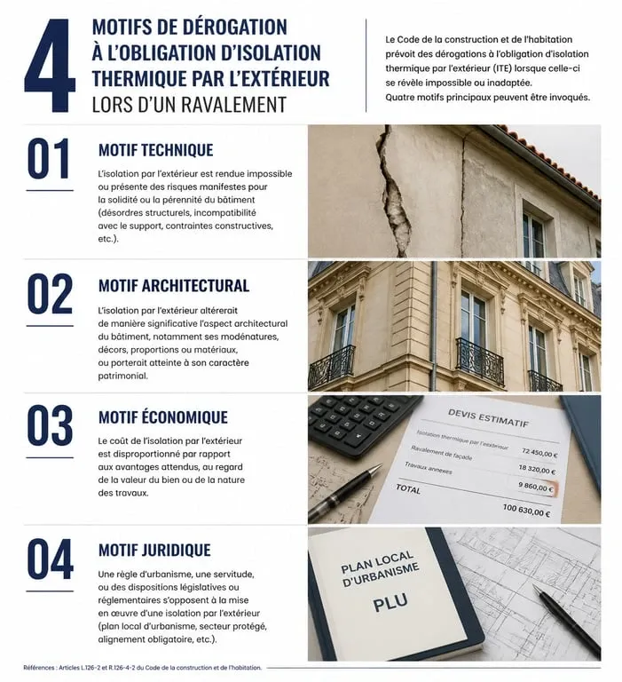 Infographie des 4 motifs de dérogation à l'obligation de ravalement avec ITE
