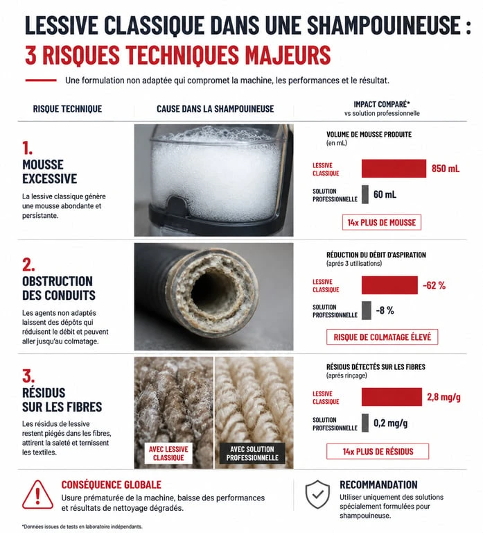 Infographie des risques liés à l'utilisation de lessive dans une shampouineuse : mousse, obstruction et résidus textiles.