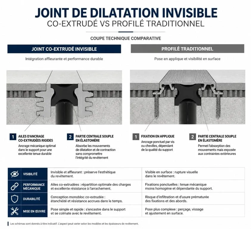 Schéma comparatif de joint de dilatation carrelage invisible et traditionnel