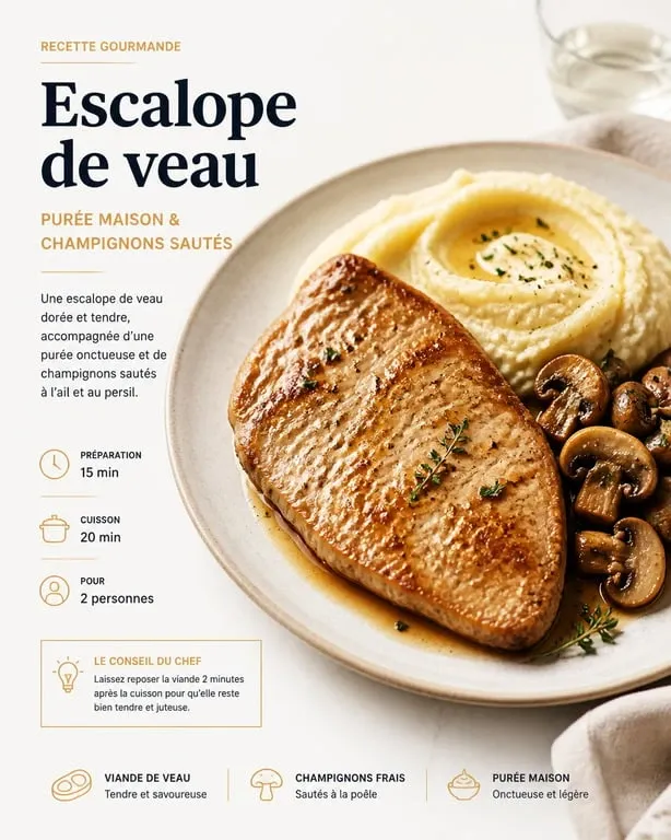 Escalope de veau à la crème et champignons avec purée maison, idée d'accompagnement pour escalope de veau